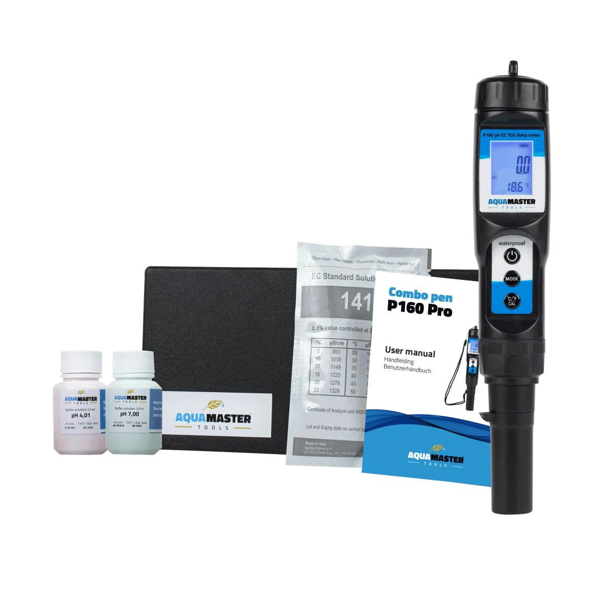 AquaMaster P160 Pro combo pen pH, EC, TDS meter with buffer solutions and user manual.
