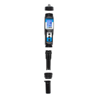 AquaMaster P160 Pro pH/EC/Temp meter disassembled: digital pen, cap, probe, and storage case.