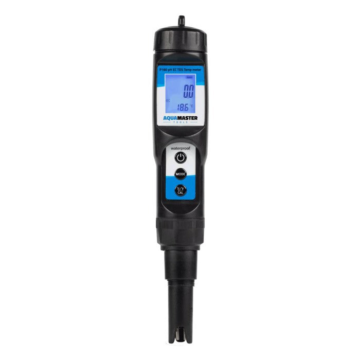 AquaMaster P160 pH EC TDS Temp meter, black waterproof pen with blue LCD screen showing 18.6°C.
