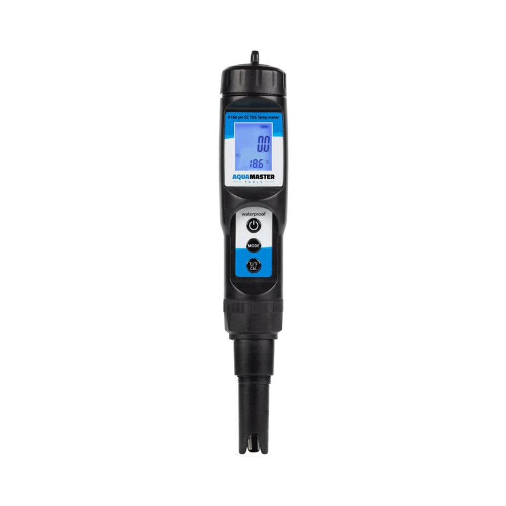AquaMaster P160 pH EC TDS Temp meter, black waterproof pen with blue LCD screen showing 18.6°C.