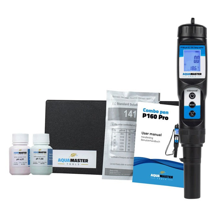 AquaMaster P160 Pro combo pen kit: pH, EC, TDS, and temp meter, calibration solutions, case, and manual.