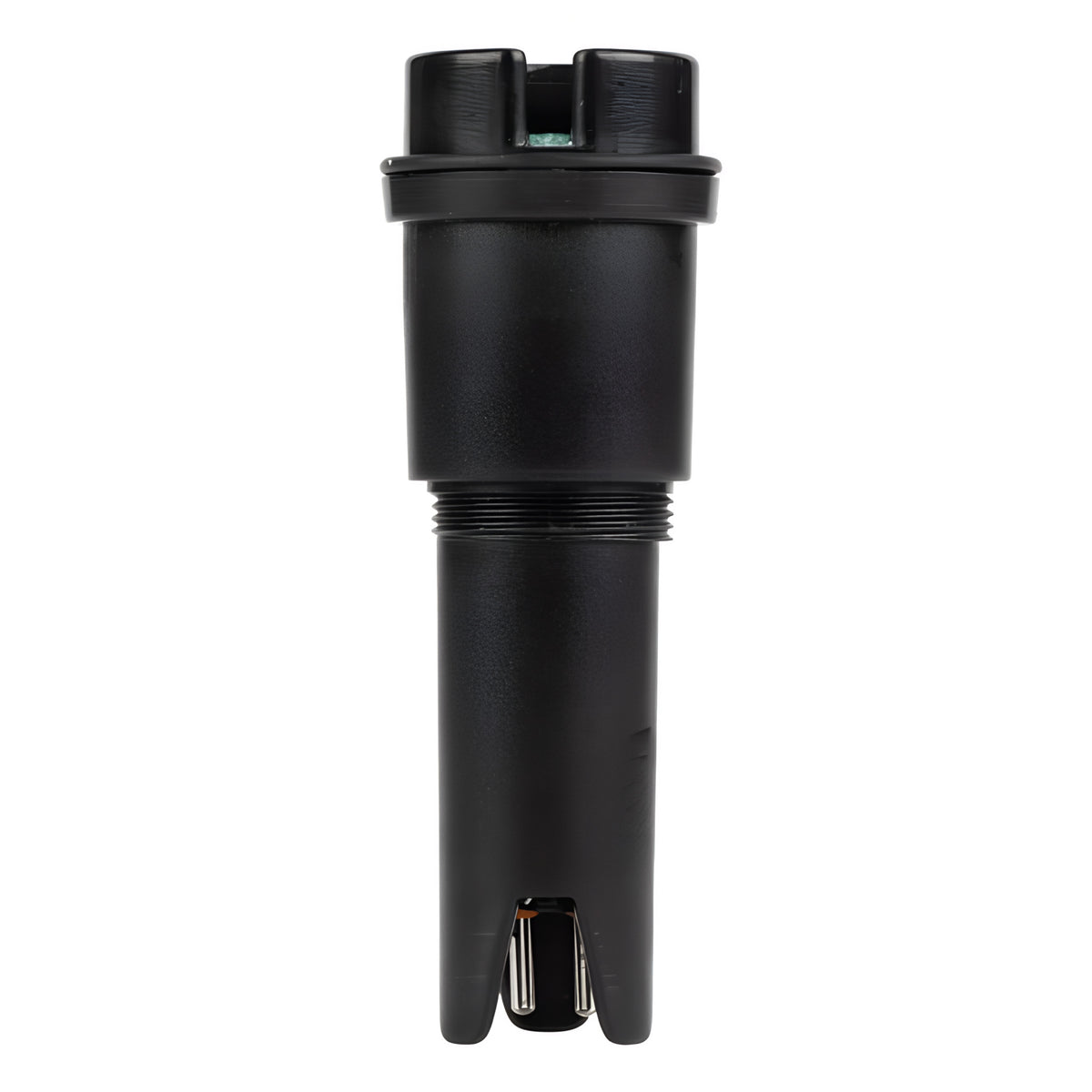 Black pH/temp electrode with threaded connector and exposed metal prongs.