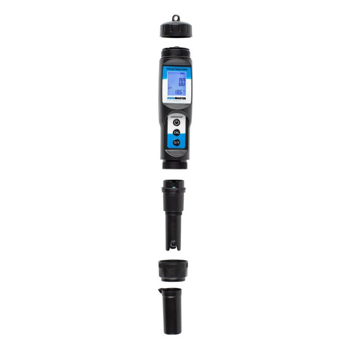 Disassembled AquaMaster P50 Pro pH/Temp meter with probe, cap, and storage tube.