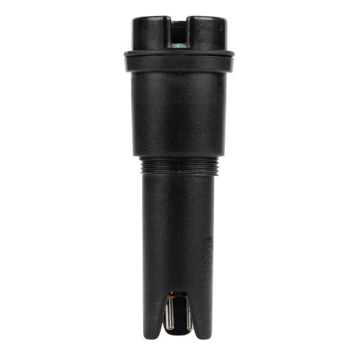 Black pH probe with two metal electrodes at the tip and threaded connector.