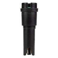 Black pH probe with two metal electrodes at the tip and threaded connector.