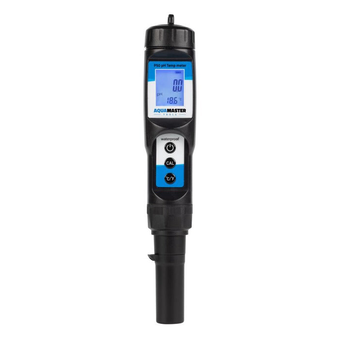 AquaMaster Tools P50 Pro pH and Temp Meter with digital display, buttons, and protective cap.