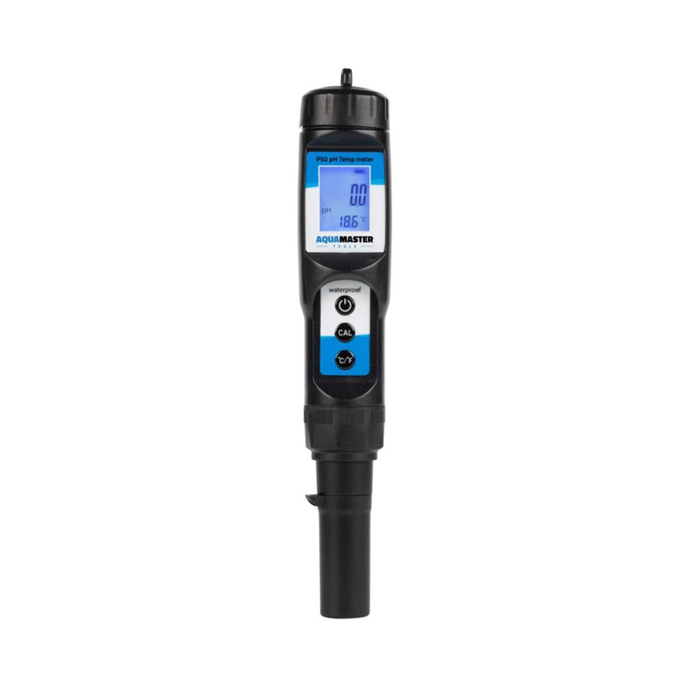 AquaMaster Tools P50 Pro pH and Temp Meter with digital display, buttons, and protective cap.