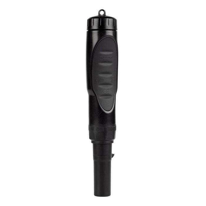 Black pen-style pH meter with rubber grip and CE marking.