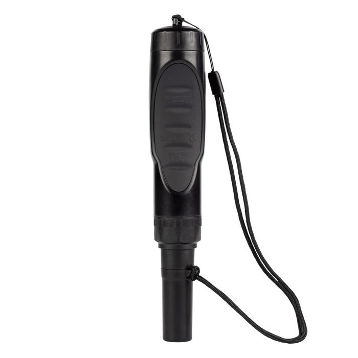 Black handheld pH meter with a black lanyard, buttons, and a tip.