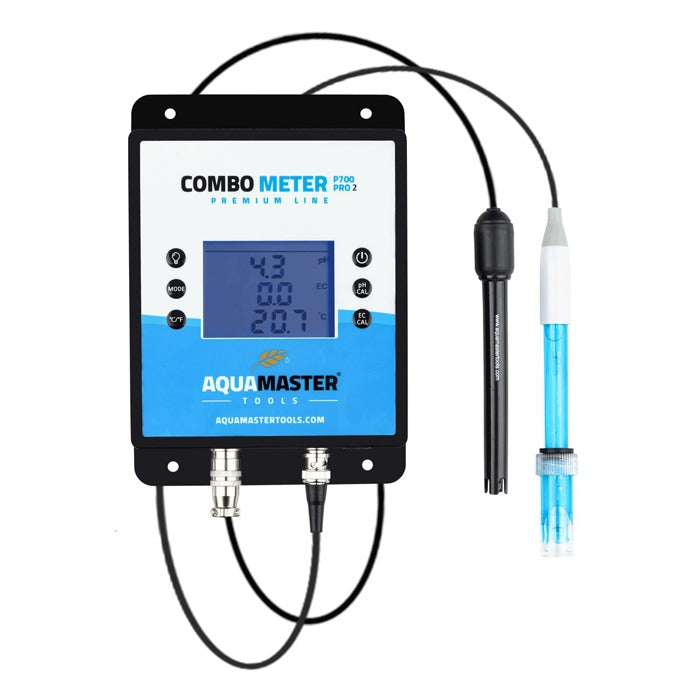 AquaMaster Tools P700 Pro 2 combo meter with pH and EC sensors, displaying readings on a digital screen.