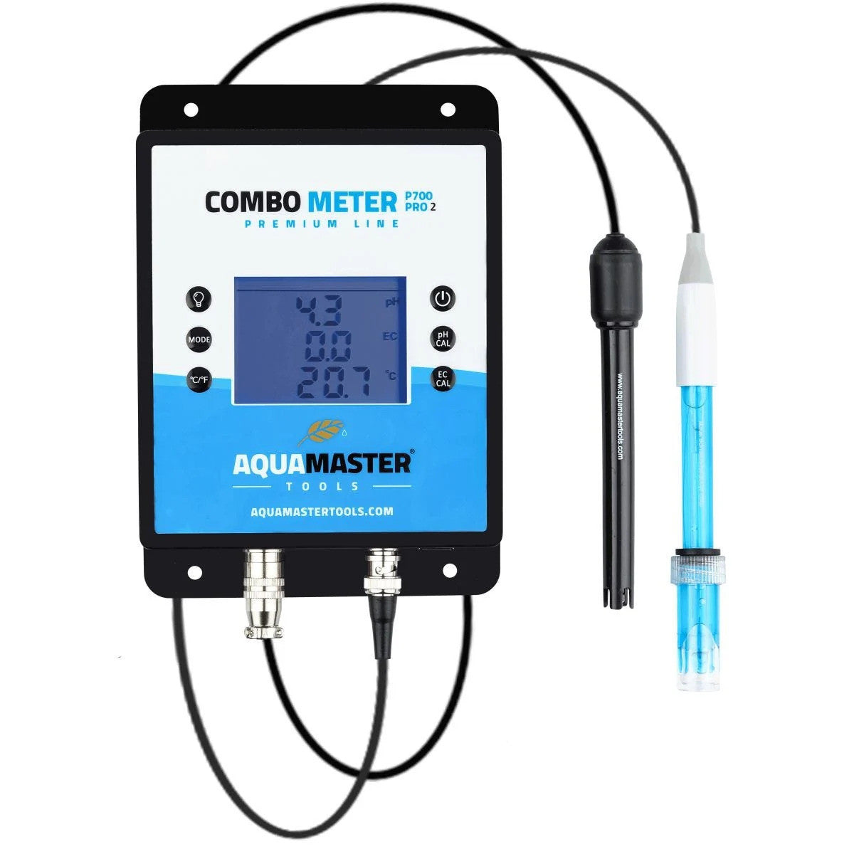 AquaMaster Tools P700 Pro 2 combo meter with pH and EC sensors, displaying readings on a digital screen.