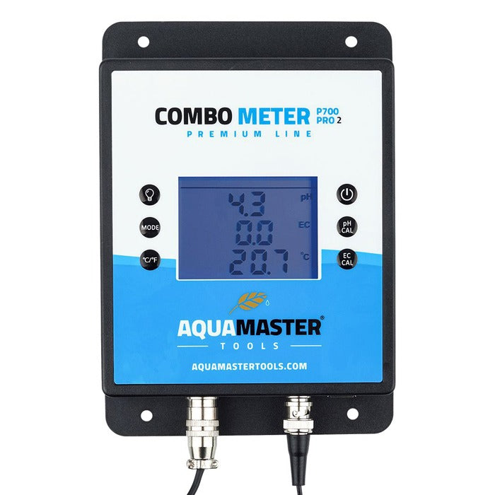 AquaMaster P700 Pro 2 Combo Meter with pH, EC, and temperature readings, BNC connectors.