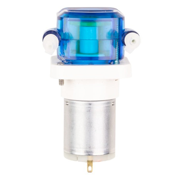 Small blue peristaltic pump with clear casing, white base, and silver motor.