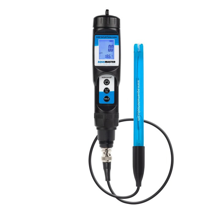 AquaMaster S300 Pro-2 soil pH and temperature meter with blue probe.