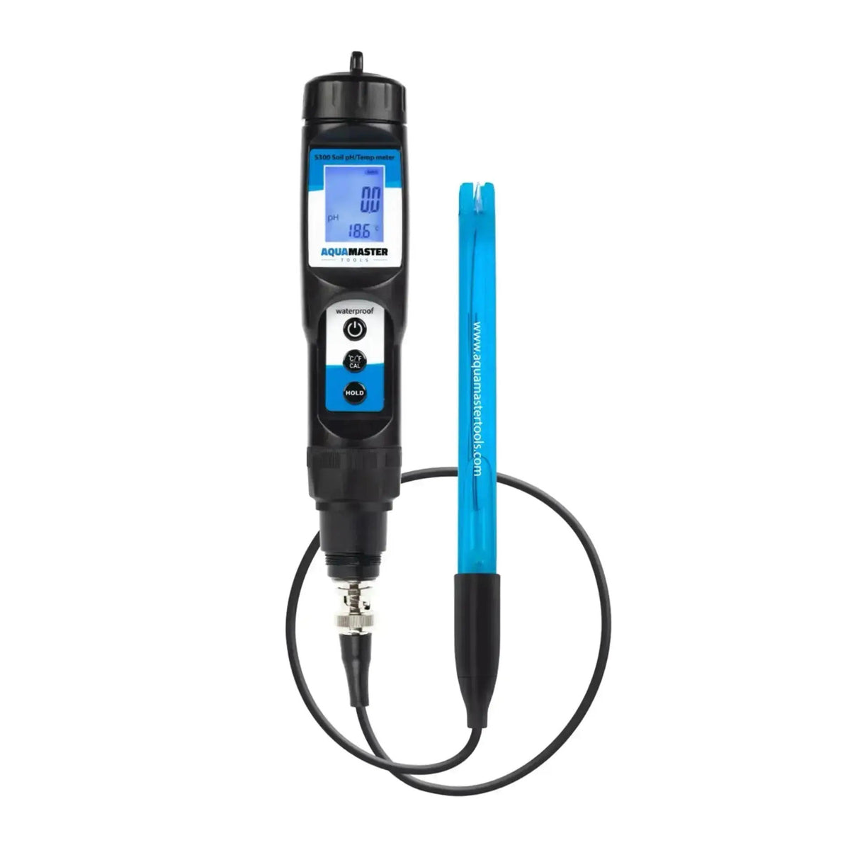 AquaMaster S300 Pro-2 soil pH and temperature meter with blue probe.