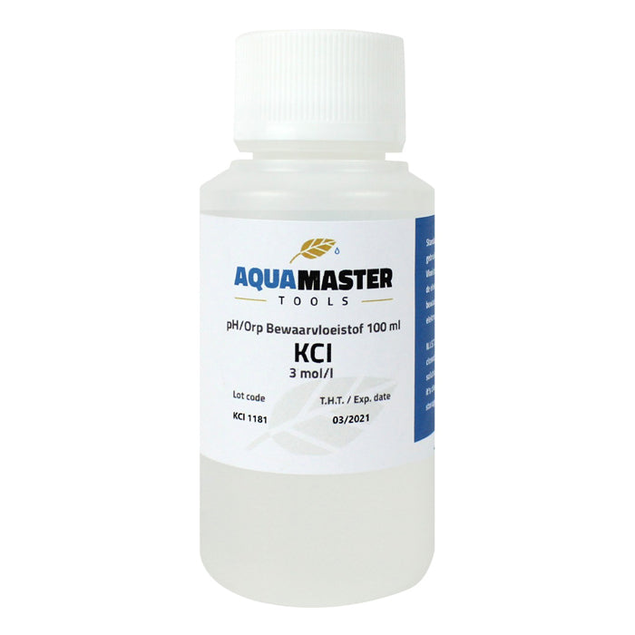 AquaMaster Tools KCl 3 mol/l 100ml pH/Orp storage solution in a clear plastic bottle.