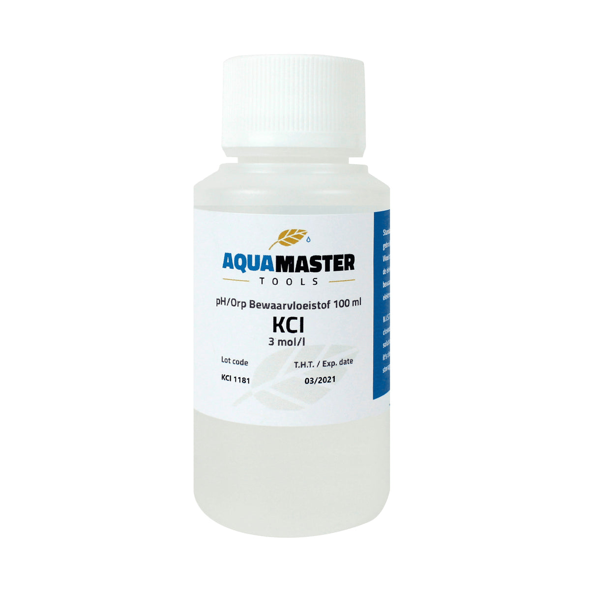 AquaMaster Tools KCl 3 mol/l 100ml pH/Orp storage solution in a clear plastic bottle.
