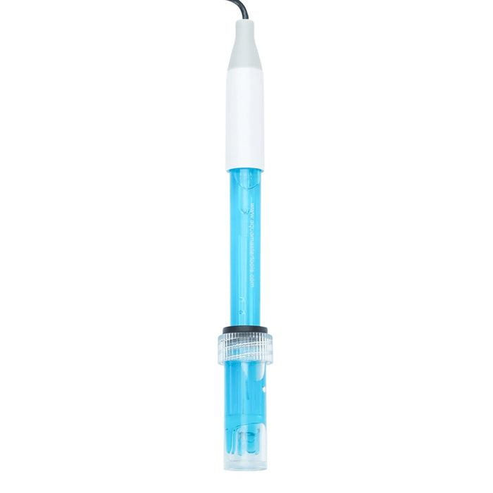 Blue pH electrode in its storage container with a white cap and black wire.