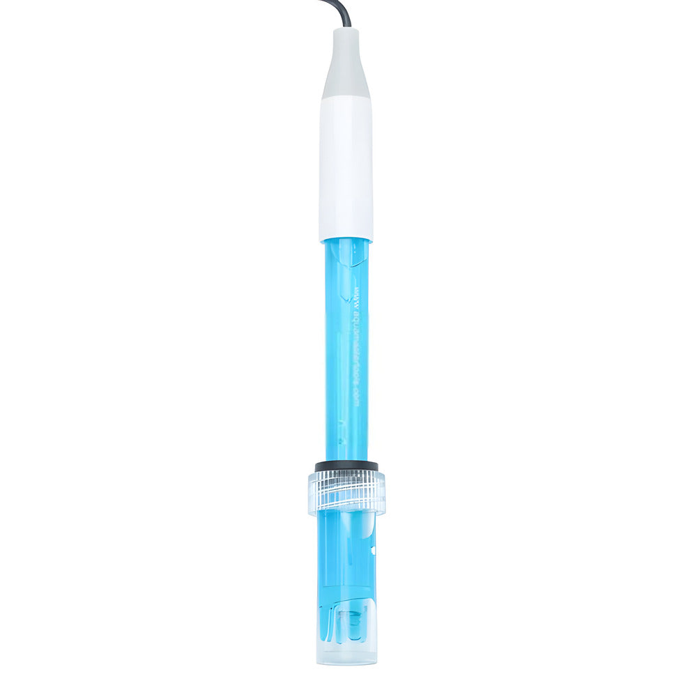 Blue pH electrode in its storage container with a white cap and black wire.