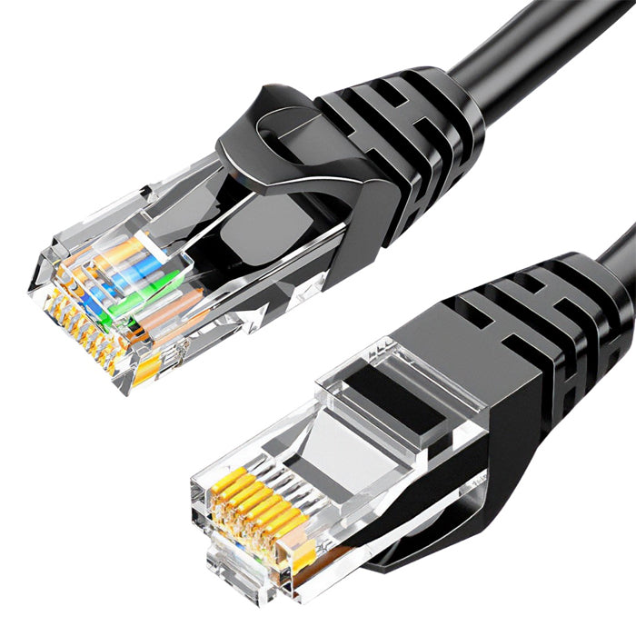 Close-up of two RJ45 Ethernet cable connectors, showing clear plastic housing with colored wires.