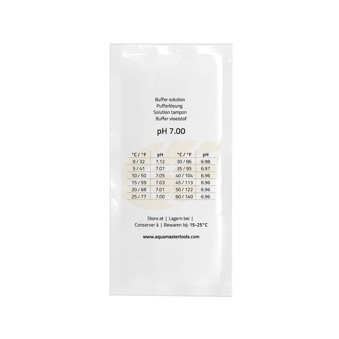 AquaMaster pH 7.00 calibration solution sachet with temperature/pH chart.
