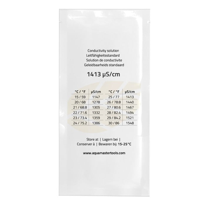 AquaMaster EC-1413 conductivity solution label with chart showing values at various temperatures.