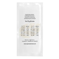 AquaMaster EC-1413 conductivity solution label with chart showing values at various temperatures.