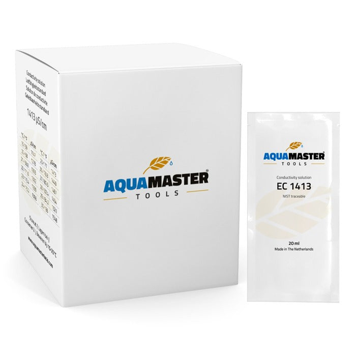 Aquamaster EC 1413 conductivity solution box and foil packet, made in the Netherlands.