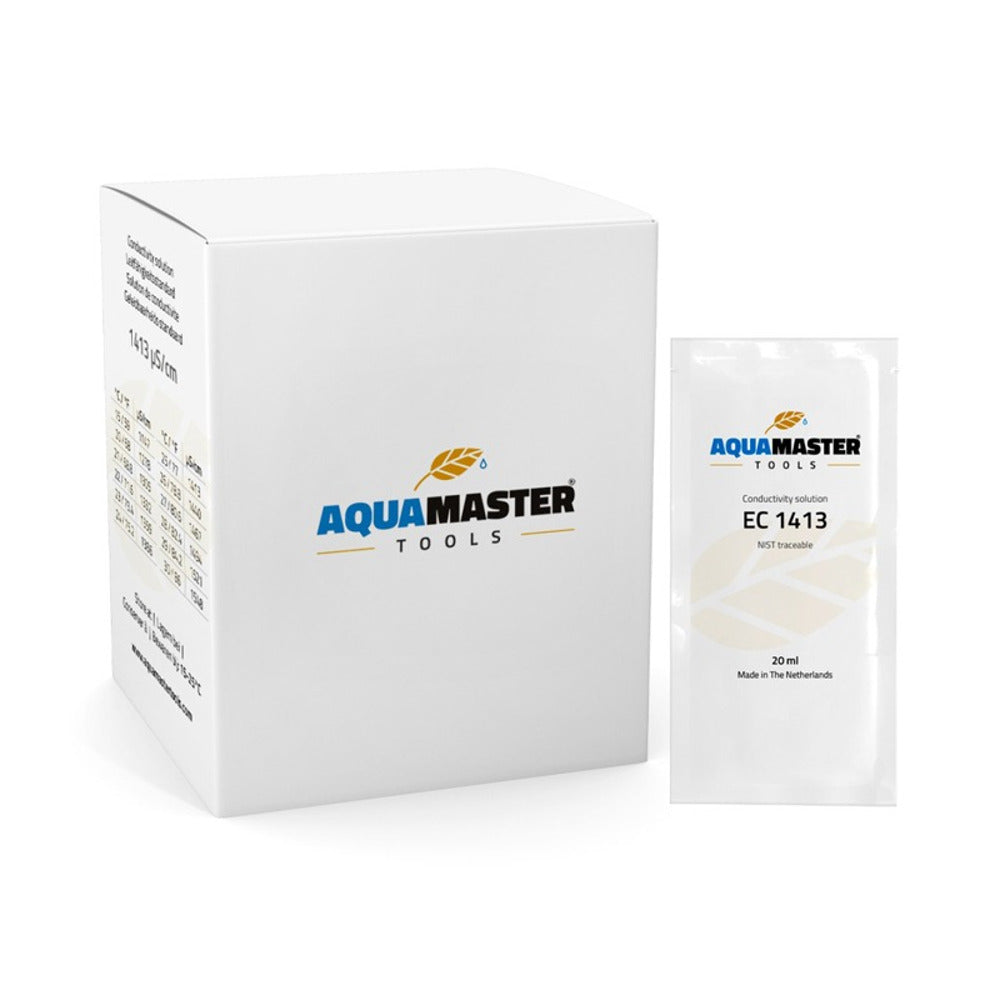 Aquamaster EC 1413 conductivity solution box and foil packet, made in the Netherlands.