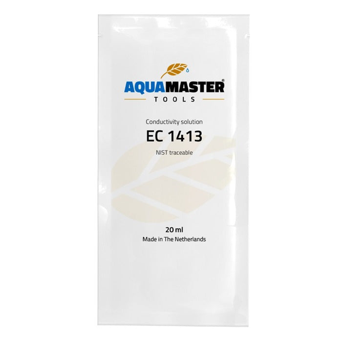 Aquamaster EC 1413 conductivity solution in a white packet, 20ml, made in the Netherlands.