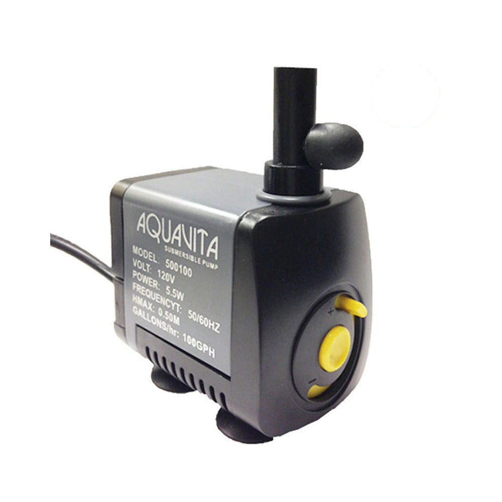 Black Aquanita 500100 submersible water pump with yellow flow adjustment knob, 100GPH capacity.
