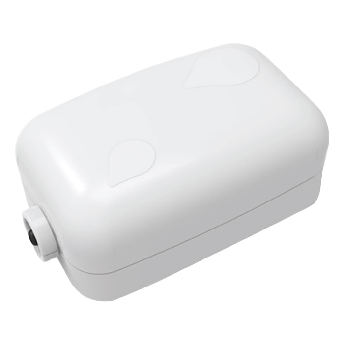 White rectangular water pump with a connection port and subtle water drop imprints on top.