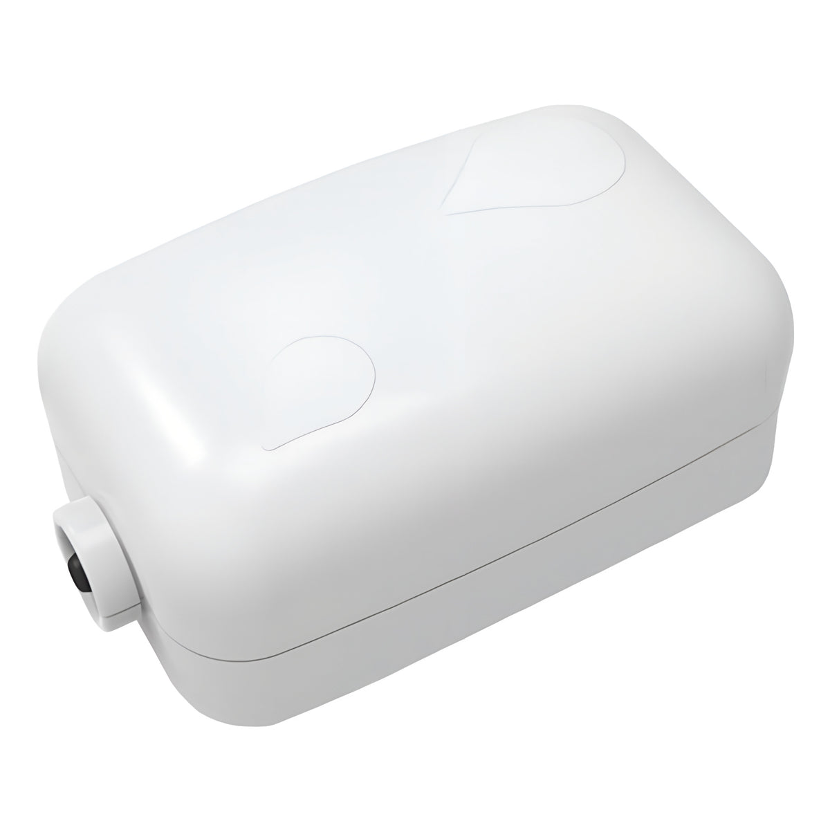 White rectangular water pump with a connection port and subtle water drop imprints on top.