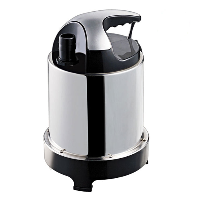 Shiny chrome sump pump with black handle and base, discharge pipe visible.