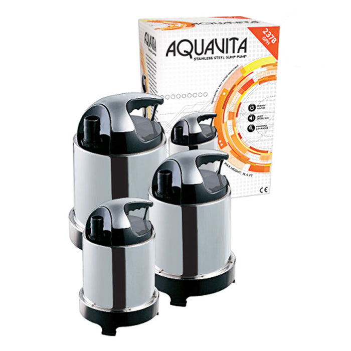 AquaVita 2378 GPH stainless steel sump pump with black handle and base.