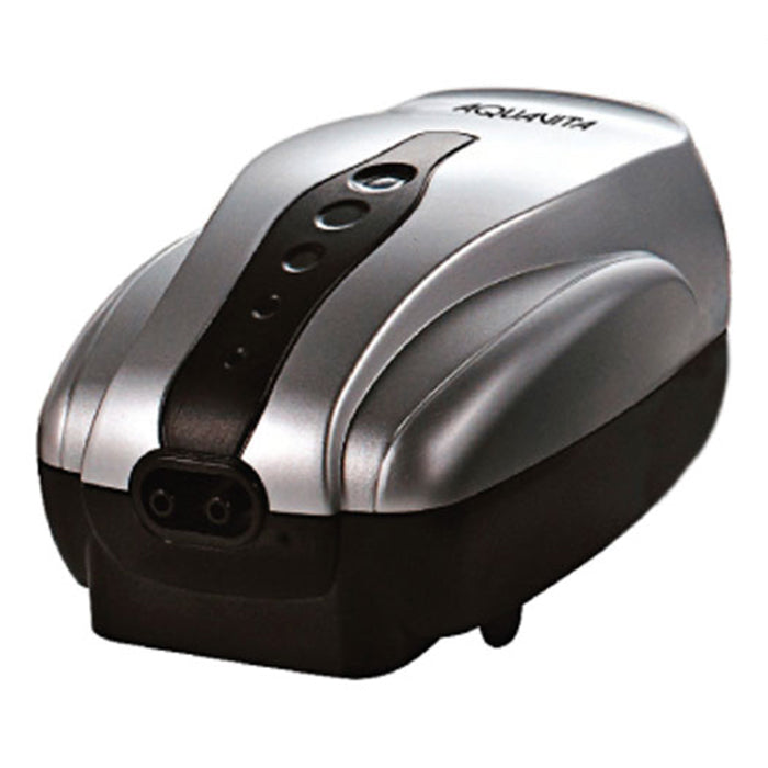 Silver and black Aquvita air pump with two outlets on the front.