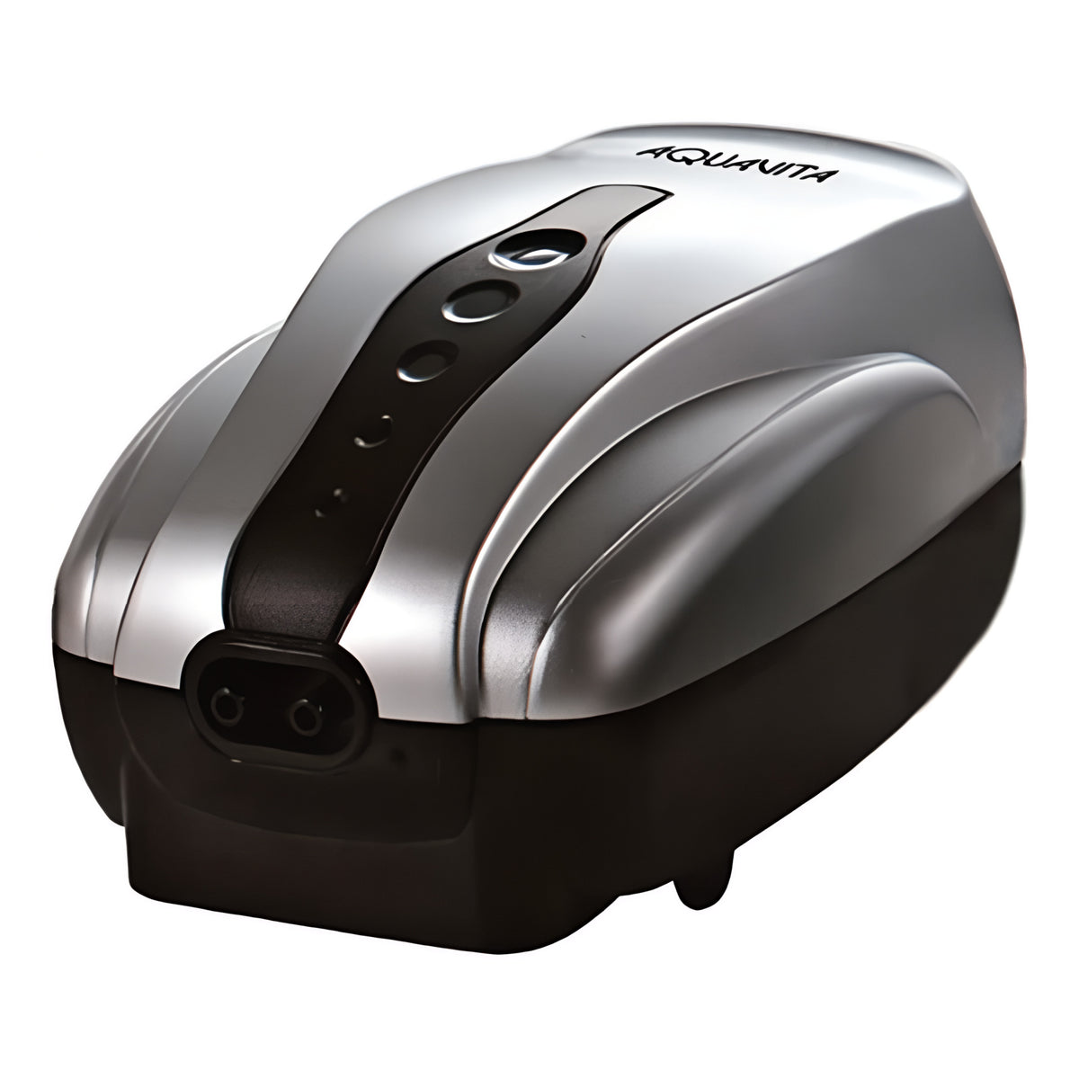 Silver and black Aquvita air pump with two outlets on the front.