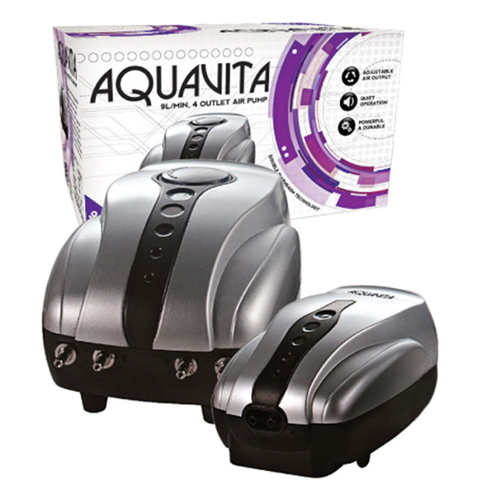 AquaVita 9L/min air pump with 4 outlets, quiet & powerful operation, silver and black.