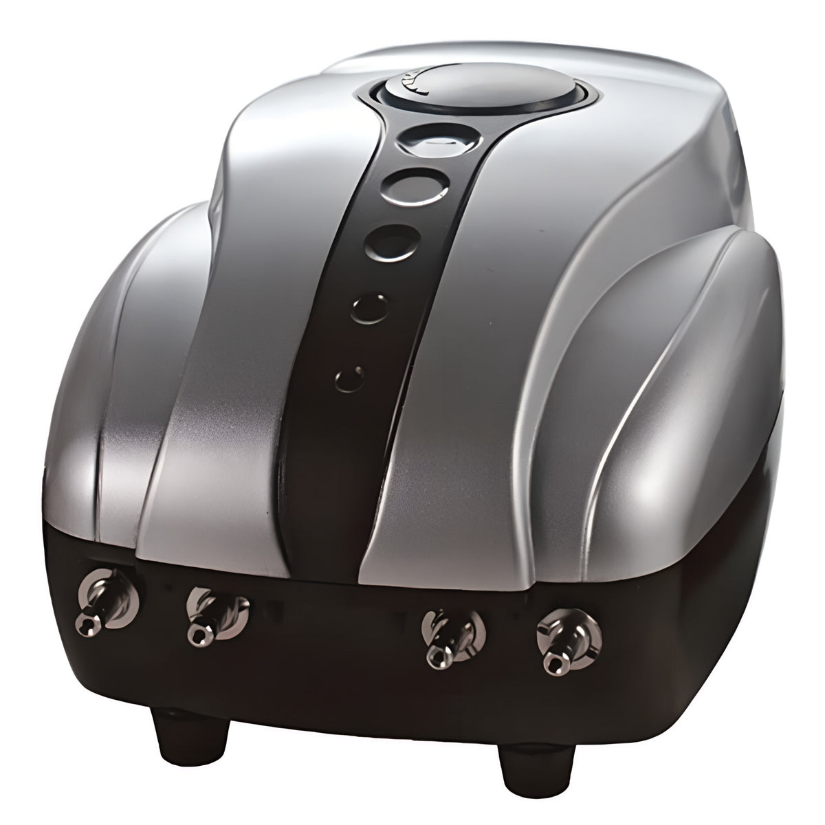 Silver and black aquarium air pump with multiple outlets, likely for fish tanks.