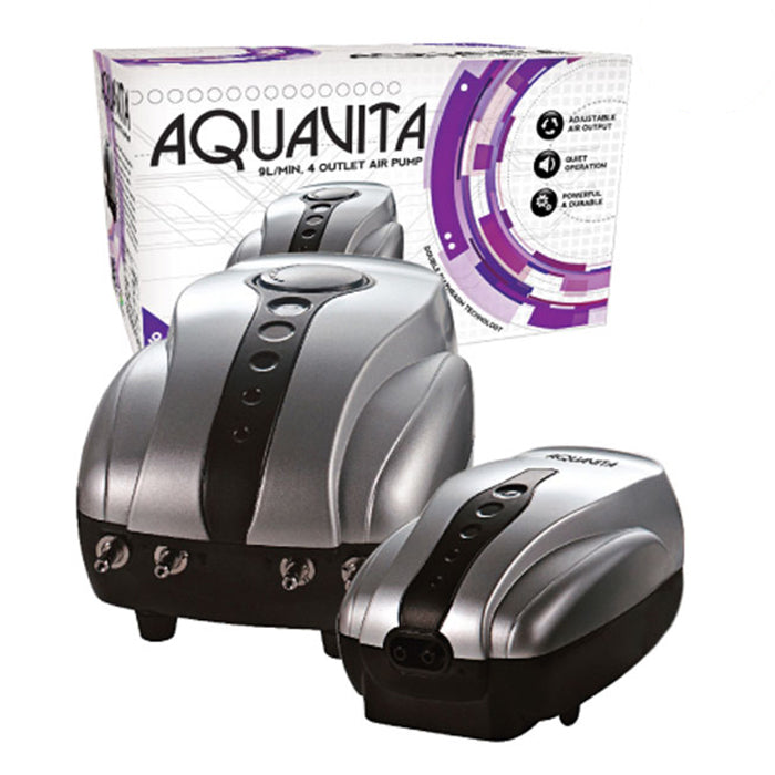 AquaVita 9L/min air pump with 4 outlets, grey and black, quiet and durable.