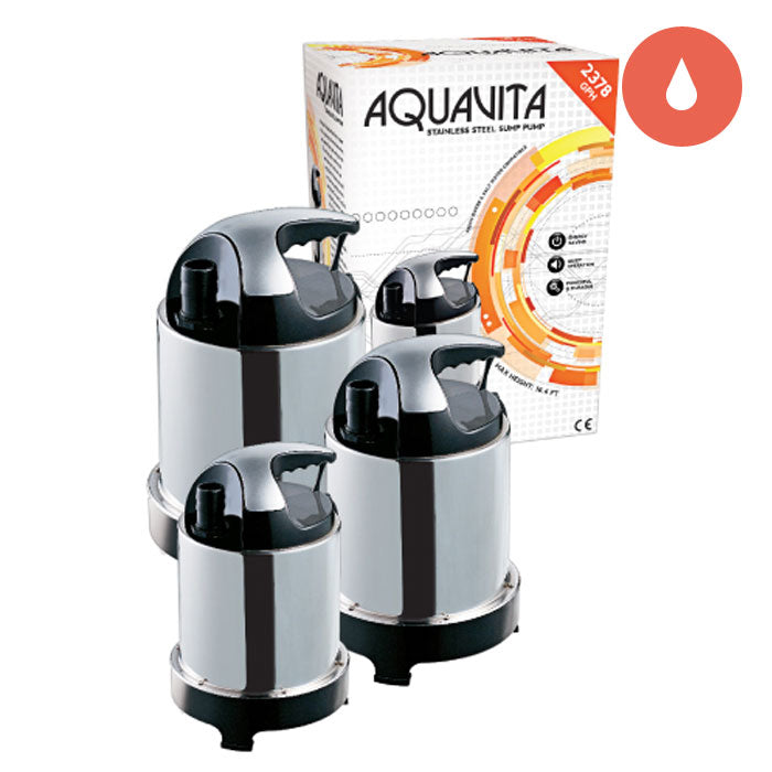 AquaVita stainless steel sump pumps in various sizes with a box displaying "2378 GPH".