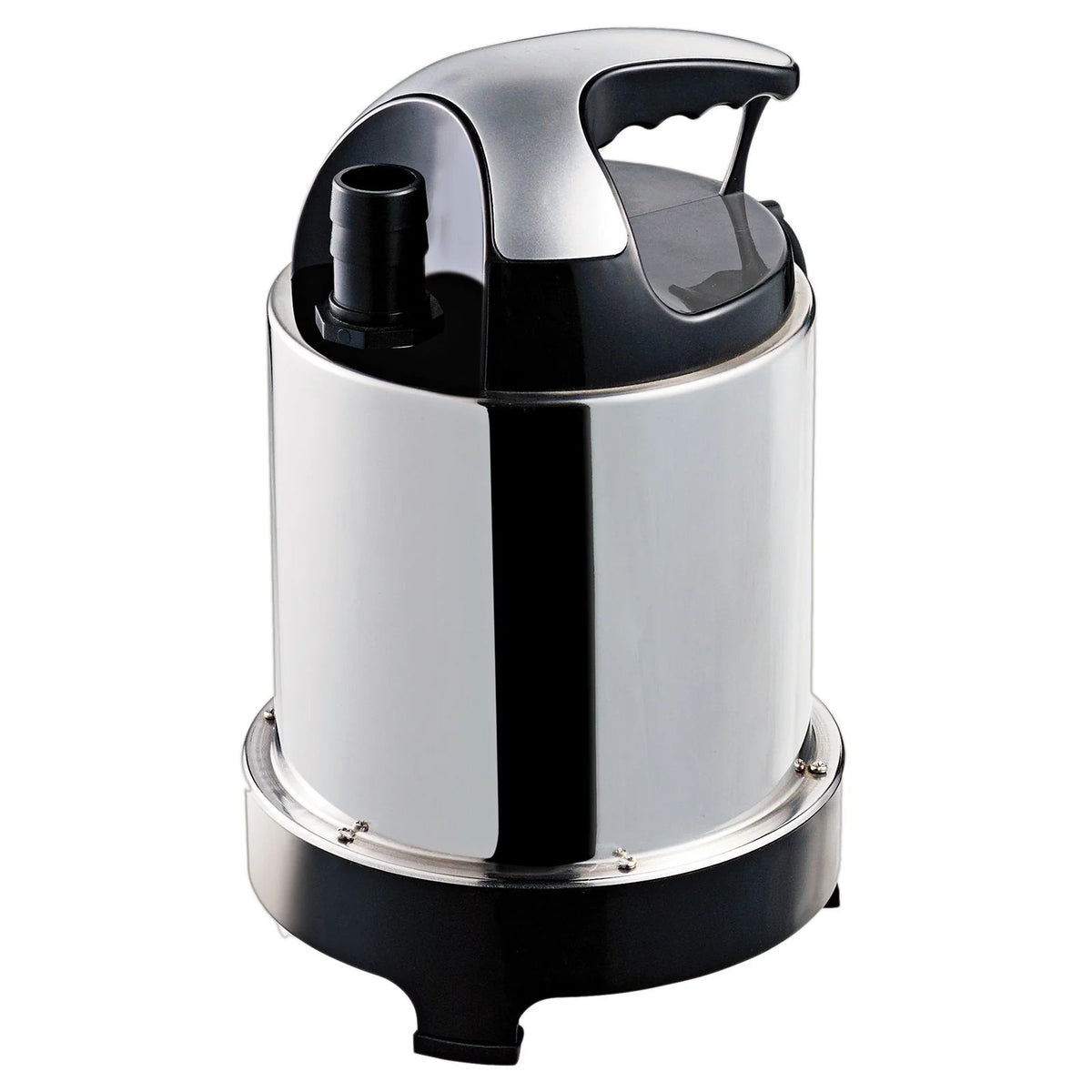 Sump pump with chrome body, black handle, and hose attachment.