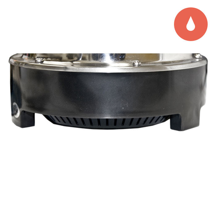 Close-up of a black sump pump base with a silver rim and grate. Water drop icon in upper right.