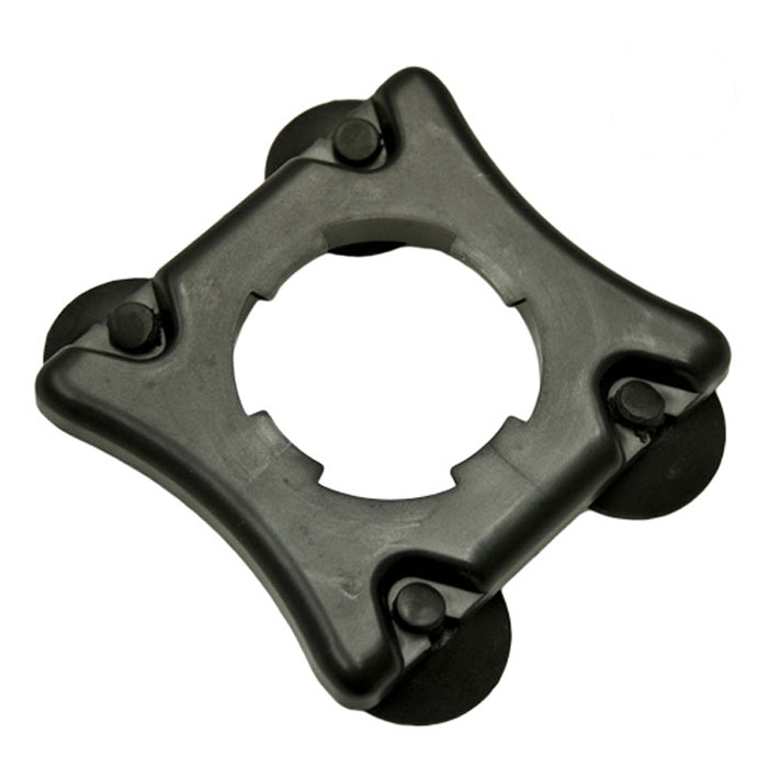 Black plastic water pump part with four wheels on a white background.