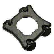 Black plastic water pump part with four wheels on a white background.