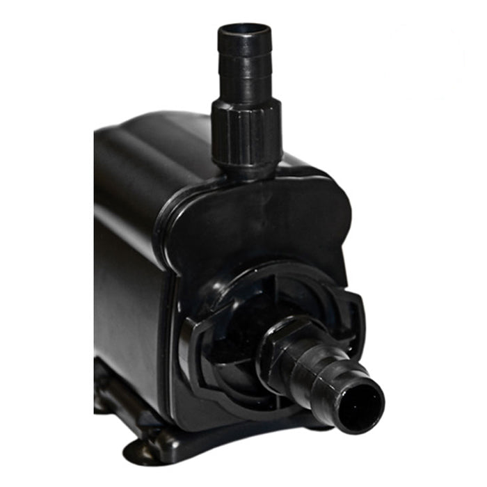 Black submersible water pump with hose attachments for aquarium or pond use.