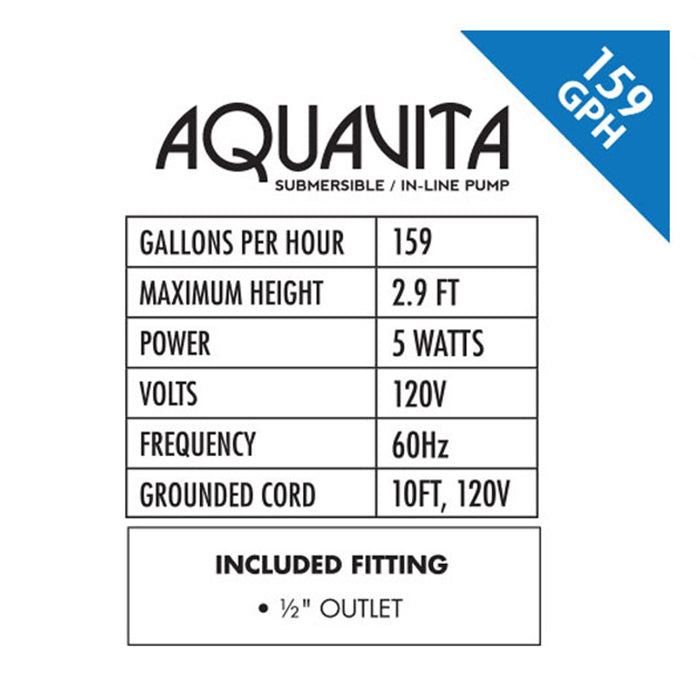 AquaVita 159 GPH submersible/in-line pump specs: 2.9 ft max height, 5W, 120V, 60Hz, 10ft cord, 1/2" outlet.