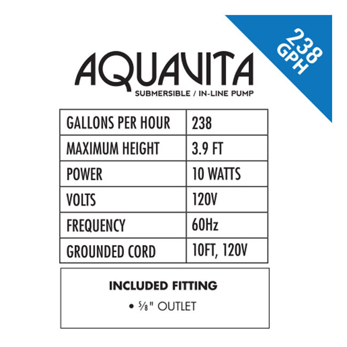 AquaVita 238 GPH submersible in-line pump specs: 3.9 ft max height, 10W, 120V, 60Hz, 10ft cord, 5/8" outlet.