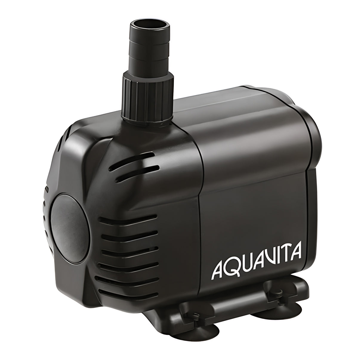 Black Aquavita submersible water pump with 396 GPH flow rate and suction cups.