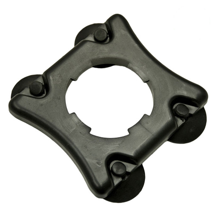 Black plastic water pump impeller cover with four black rubber wheels.